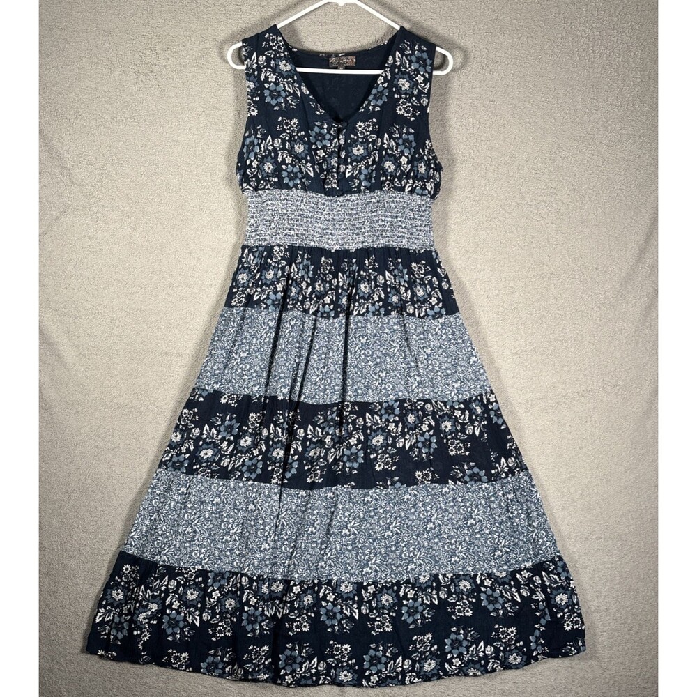 J Glee Maxi Dress Women’s Size M Navy Blue Floral Tiered Smocked Empire Waist‎